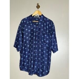 Studio 100% Silk Polka Dot Button Up Shirt Blue Short Sleeve Mens M